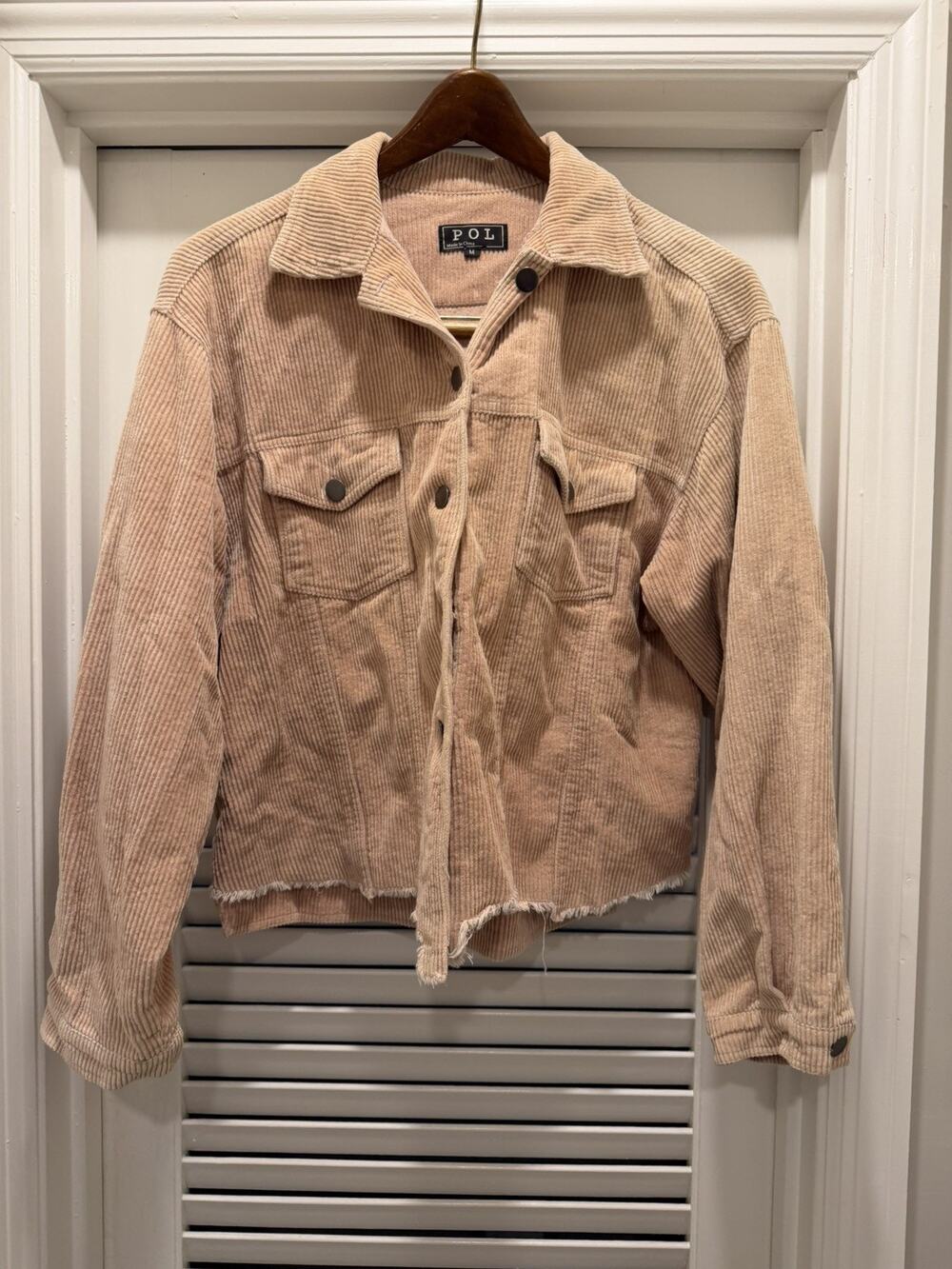 POL Women's Soft Corduroy Relaxed Fit Frayed Hem Jacket Purple Pink, size M